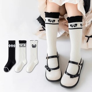 Set 3 Đôi Vớ Dài Qua Gối Màu Trắng Đen Đính Nơ Thời Trang Thu Đông Cho Bé Gái