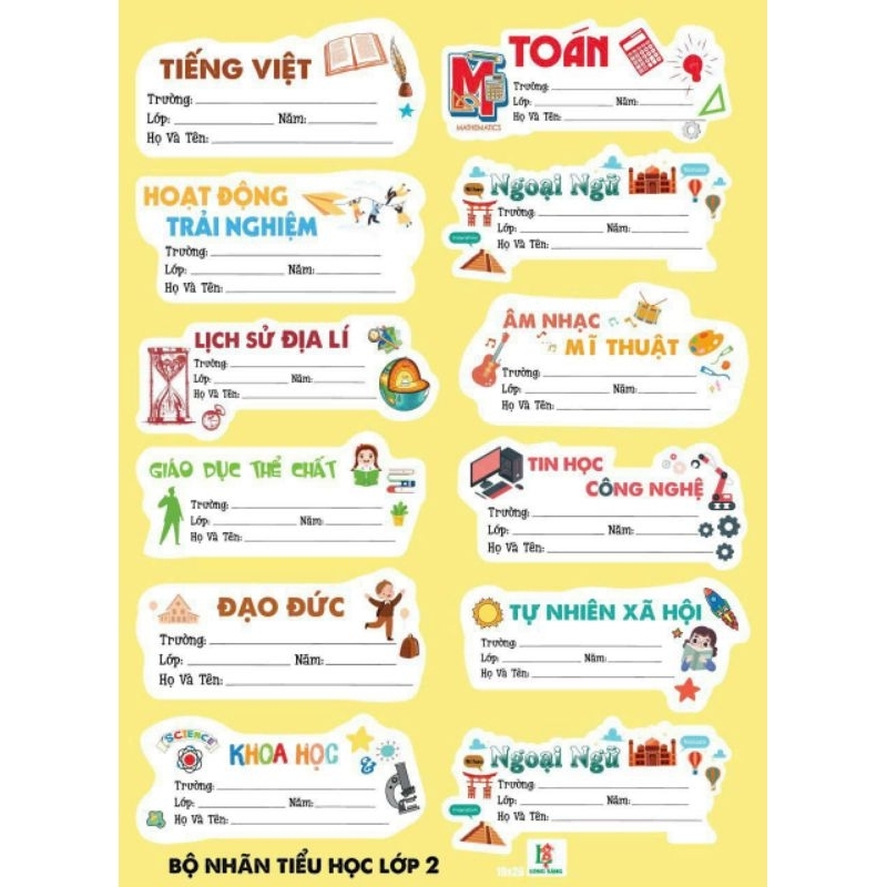 (1Tờ 12cái ) Nhãn Dán Sách Vở Môn Học