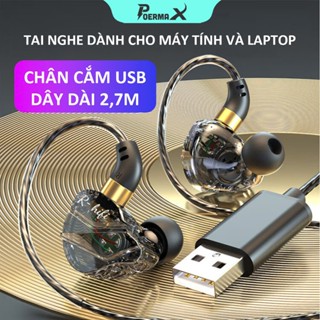 Tai nghe nhét tai dành cho máy tính bàn PC và laptop, dây dài 2,7m có micro đàm thoại- Poermax M36