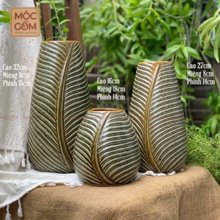  Bình hoa gốm họa nổi vân lá dáng phình đáy đảm bảo chắc chắn khó đổ khi cắm hoa gốm sứ Bát Tràng | Mộc Gốm MG216 