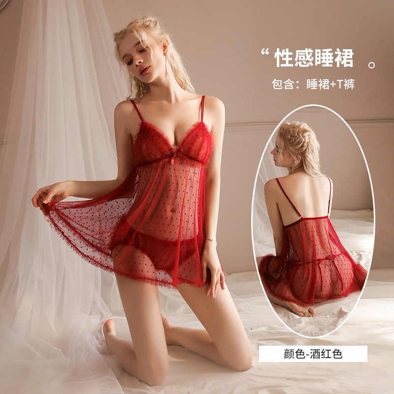 Váy ngủ sexy, đầm ngủ hai dây ren voan mềm chấm bi tặng kèm chip | BigBuy360 - bigbuy360.vn
