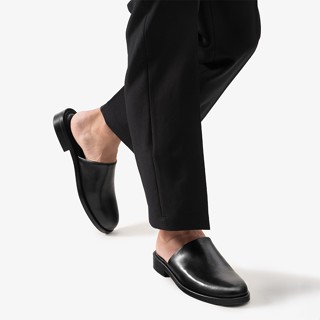 Giày Sục Nam Nữ TARMOR Mũi Tròn Màu Đen Da Thật Flat Mules In Round Toes