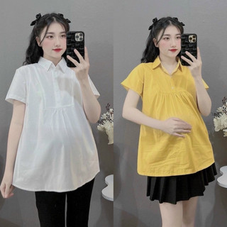 Áo Bầu Công Sở Sơmi Trắng Cộc Tay - Chất Đũi Đẹp Cực Mềm Nhẹ Mát, Trẻ Trung AH11