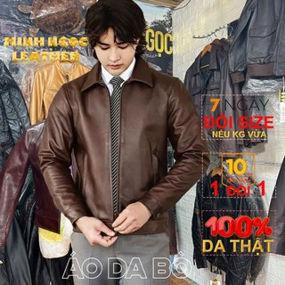 Áo khoác cổ bẻ da bò thật màu nâu dáng suông công sở, Áo khoác da thật Minh Ngọc Leather Jacket