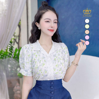 Áo sơ mi nữ hoa nhí tay phồng kiểu cổ ren CHUU A1658