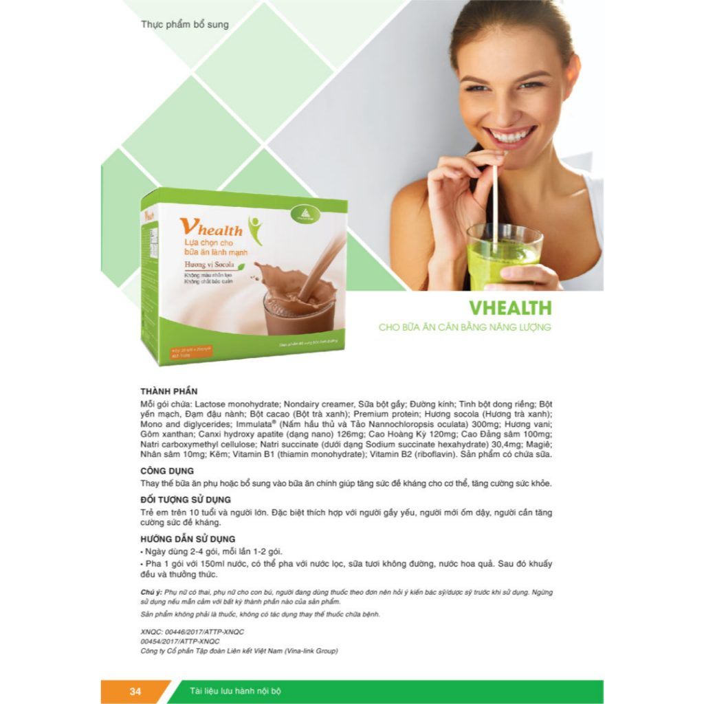 Bữa ăn dinh dưỡng vhealth vị socola vinalink group – 20 gói/hộp – 25 gr/gói