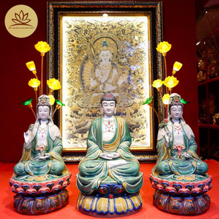 Tôn Tượng Tây Phương Tam Thánh Tọa Đài Sen Gốm Phật Sơn Cổ - 16''40CM