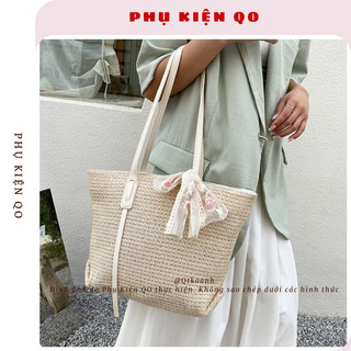 Túi Cói Đeo Vai (Túi Xách Kẹp Nách) Tote Trơn Phối Nơ Ren Thời Trang Đi Biển TUI10