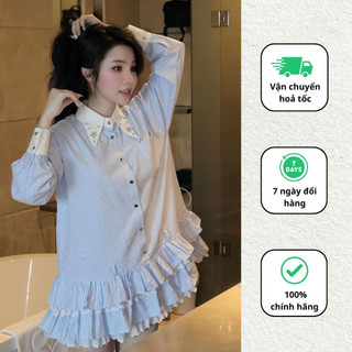 Váy cổ sơ mi đính đá kẻ sọc sang chảnh đầm thiết kế dáng suông đi chơi đi tiệc Mianaca Clothing V293