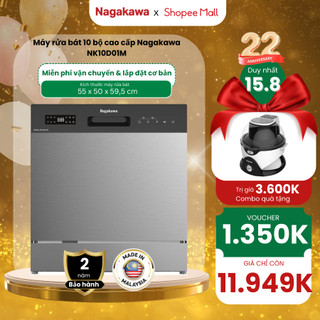 Máy rửa chén bát 10 bộ nagakawa nk10d01m 8 chế độ rửa thông minh khử trùng uv nước nóng, miễn phí lắp đặt b.hành 2 năm