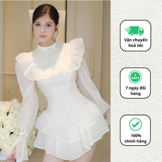 Váy cổ tròn đính nơ tay bồng sang chảnh đầm thiết kế xếp tầng đi chơi đi tiệc Minaca Clothing V292