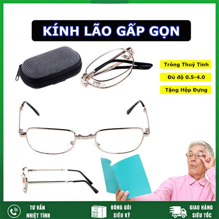 Kính lão đọc sách gọng kim loại tròng thuỷ tinh có thể gấp gọn cao gấp, kính trung niên gọng gập đủ +0.5 độ đến +4.0 độ