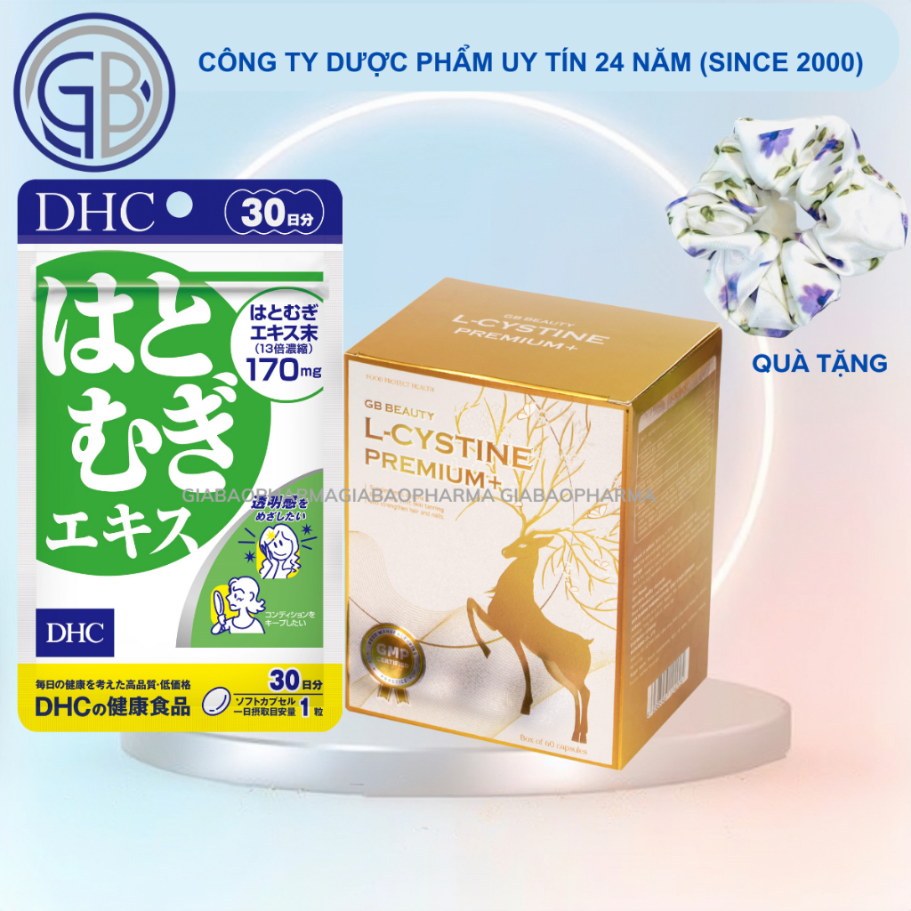 COMBO đẹp da, cải thiện da tối màu GB BEAUTY L-CYSTINE PREMIUM+ 60 viên và Adlay Extract DHC, liệu trình 1 tháng
