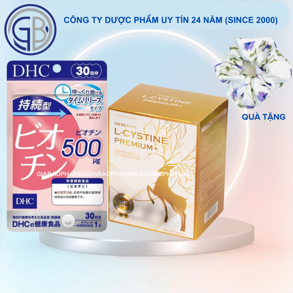 COMBO mọc tóc, đẹp da, cải thiện da tối màu GB BEAUTY L-CYSTINE PREMIUM+ 60 viên và Biotin DHC, liệu trình 1 tháng