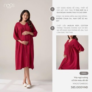 Nous Mom Váy ngủ suông dành cho mẹ bầu trước sinh váy bầu cổ tim màu đỏ đô chất liệu thoáng mát