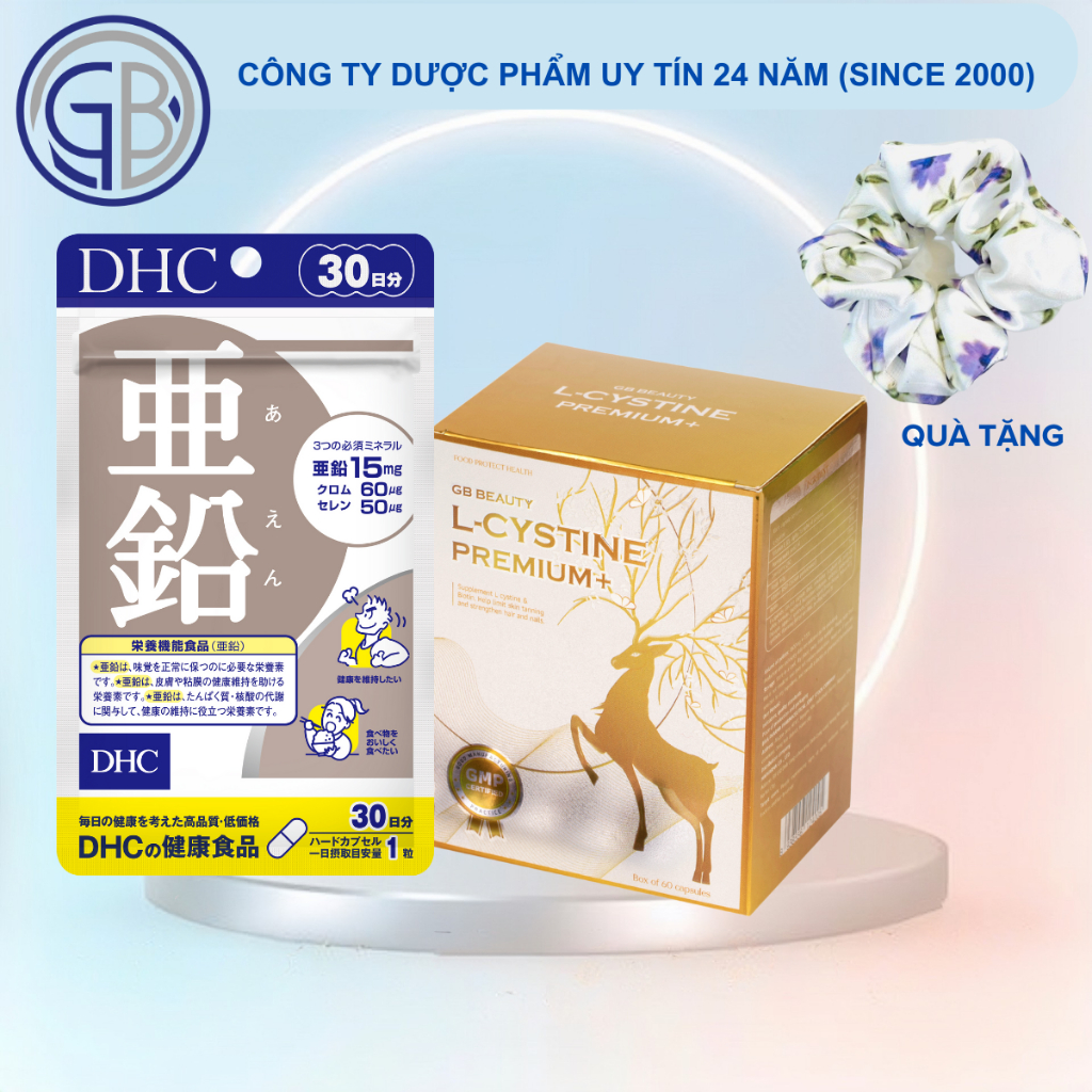 COMBO hỗ trợ mọc tóc, giảm mụn, cải thiện da tối màu GB BEAUTY L-CYSTINE PREMIUM+ 60 viên và Kẽm DHC Nhật Bản 60 viên