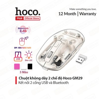 Chuột không dây yên tĩnh 2 chế độ Bluetooth và USB 2.4G Hoco GM29 DPI 800-1200-1600 thiết kế trong suốt