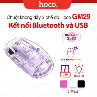 Chuột không dây yên tĩnh 2 chế độ Bluetooth và USB 2.4G Hoco GM29, dùng cho văn phòng,chơi game mượt DPI  800-1200-1600