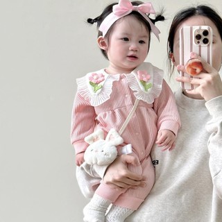 Bodysuit cho bé gái vải nhung tăm Body dài tay thu đông dễ thương xinh xắn Cổ bèo 2 Hoa SLT142