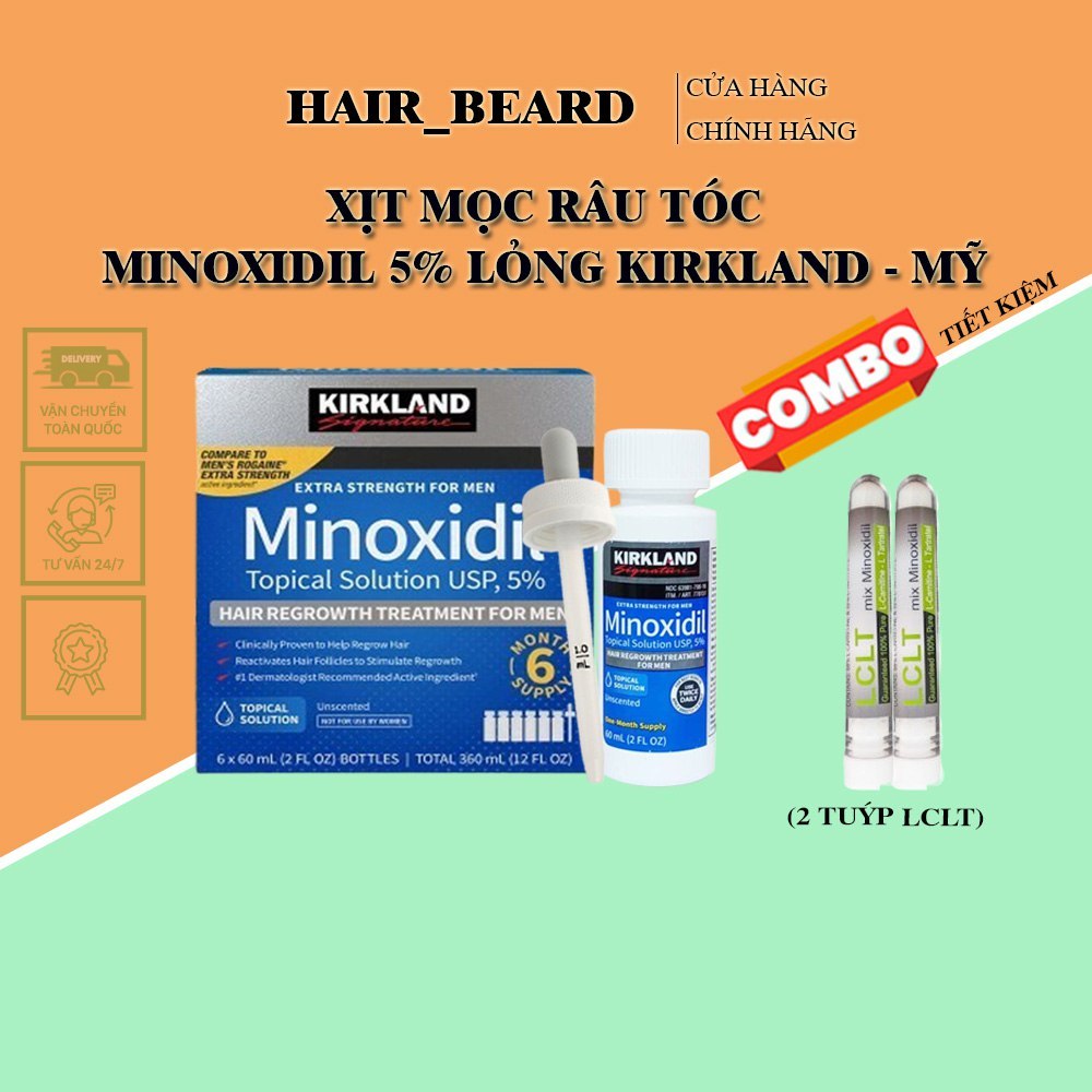 [ MẪU MỚI ] Minoxidil 5% Dạng Lỏng Mọc Râu Tóc Kirkland Mỹ (1 Hộp 6 lọ)