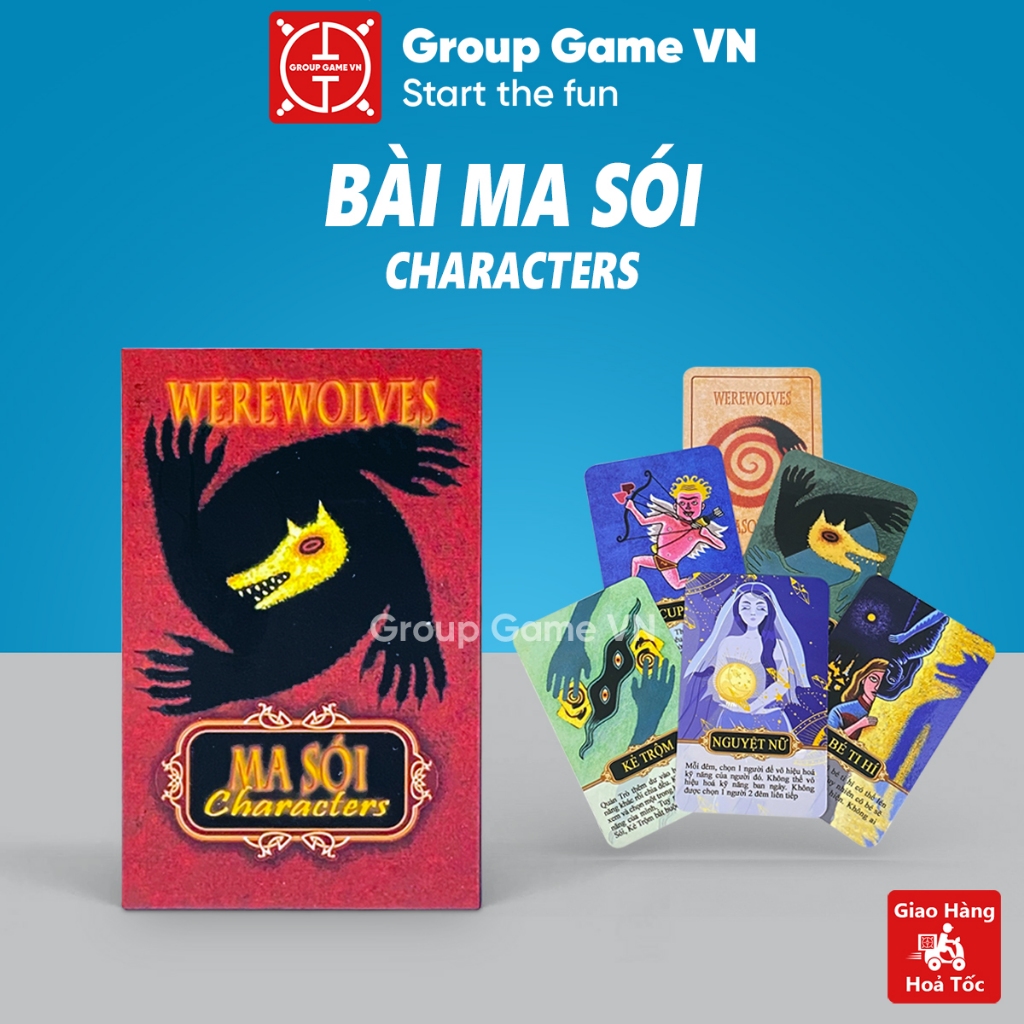 Bộ bài Ma Sói Character 21 lá giấy cứng cán màng, Boardgame Ma Sói Việt Hóa dành cho 7-20 người chơi