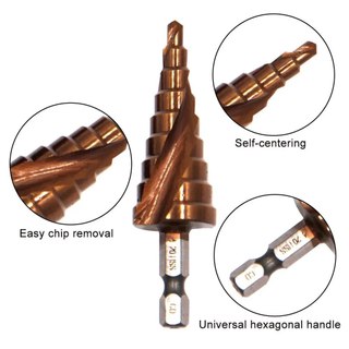Mũi Khoan Bước Tháp Chuôi Lục Giác Thép HSS Co Phủ Cobalt Các Kích Thước Chuyên Sắt, Thép, Inox,