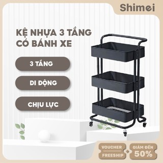 Kệ nhựa xe đẩy 3 tầng có bánh xe đa năng kệ để nhà bếp nhập khẩu mặt lưới kệ để đồ bỉm sữa