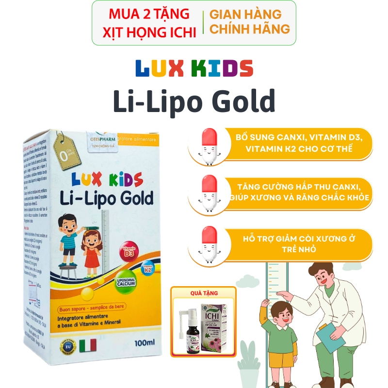 [Lọ 100ml - MUA 2 TẶNG XỊT HỌNG ICHI] LUX KIDS LI-LIPO Gold bổ sung canxi, vitamin D3-K2 Giúp Bé Phát Triển Toàn Diện