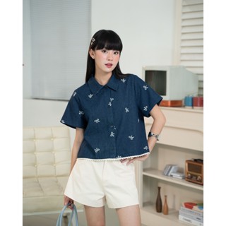 [Voucher Xtra] Áo sơ mi nữ form croptop tay ngắn thêu nơ nổi phối ren Cachie Shirt - Sibling House