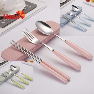  Bộ đồ ăn văn phòng inox - Bộ muỗng đũa cá nhân tay cầm bằng sứ kèm hộp đựng 