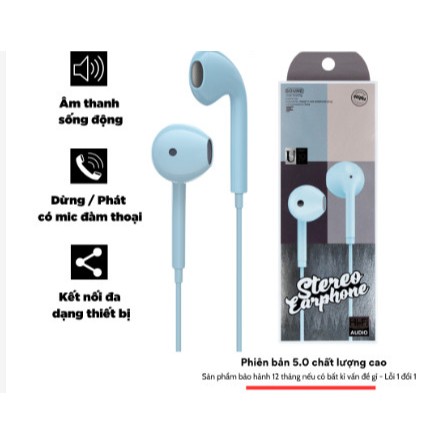 Tai nghe U19 màu macaron siêu đẹp có dây jack 3.5mm hỗ trợ mic đàm thoại và nút chỉnh dừng / phát mẫu mới 2024