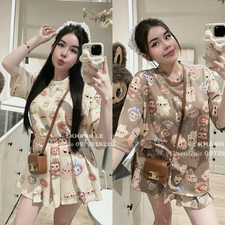 Set Bộ Nỉ 4Da In LaBuBu Áo Thụng Tay Ngắn + Chân Váy Xếp Ly Xoè Có Lót Quần
