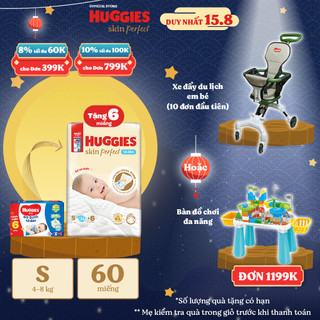 Tã/bỉm dán sơ sinh Huggies Skin Perfect S 54+6 miếng với 2 vùng thấm giảm kích ứng da
