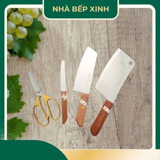 Bộ Dao Làm Bếp KIWI Cán Gỗ Kèm Kéo Vàng SK5 - Dao Kéo Đa Năng Tiện Lợi Cắt Sắc Lịm - Nhà Bếp Xinh