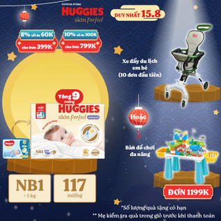 Miếng lót sơ sinh Huggies Skin Perfect NB1 108+9 miếng với 2 vùng thấm giảm kích ứng da