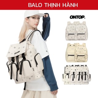 Balo da họa tiết màu kem monogram ONTOP chống nước, nhiều ngăn đi học | Cặp Level O-P10_O-P26