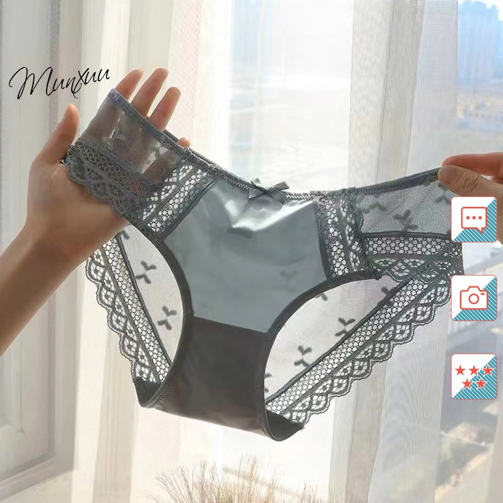 Quần lót nữ lụa satin pha ren lưới thoáng khí MUNXUU họa tiết bướm thêu đính nơ quyến rũ - QC179