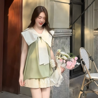  Babyset Áo Chất Lụa Hàn Pha Cổ Trắng Gắn Nơ Bản To Kèm Chân Váy trắng Dáng Xòe tiểu thư Hàn Quốc Mynfashion 