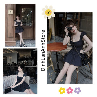 Váy Cổ Vuông Xinh Xắn️ Kẻ Nơ Xanh Than Tay Bồng