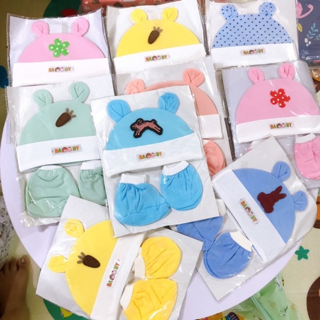 Set 5 Bộ Mũ + Bao Tay Bao Chân Vải Cotton Cho Bé Sơ Sinh 0-3 Tháng Tuổi