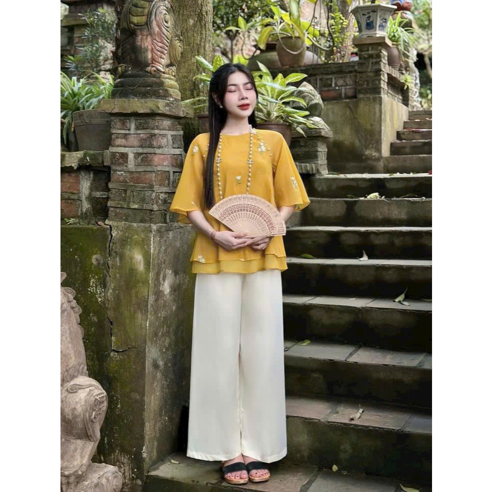 Set Bộ Pháp Phục Mặc Đi Chùa Áo Chất Voan Tơ Tay Lửng Họa Tiết Hoa Thêu Kết Hợp Quần Phi Lụa Có 4 Màu