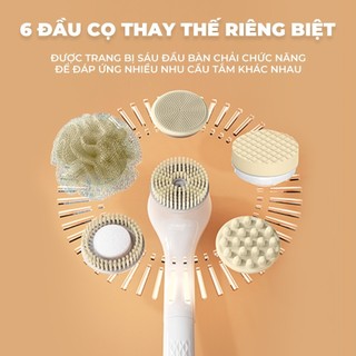 ( Tặng 01 cốc giữ nhiệt) Bàn chải tắm điện chống nước tự động cầm tay cao cấp kèm 6 đầu chải, máy tắm cọ người
