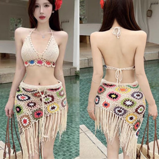 Hàng Sẵn ship-Set bộ bikini đi biển len sợi móc 2 món áo bra mix chân váy tua rua vạt chéo