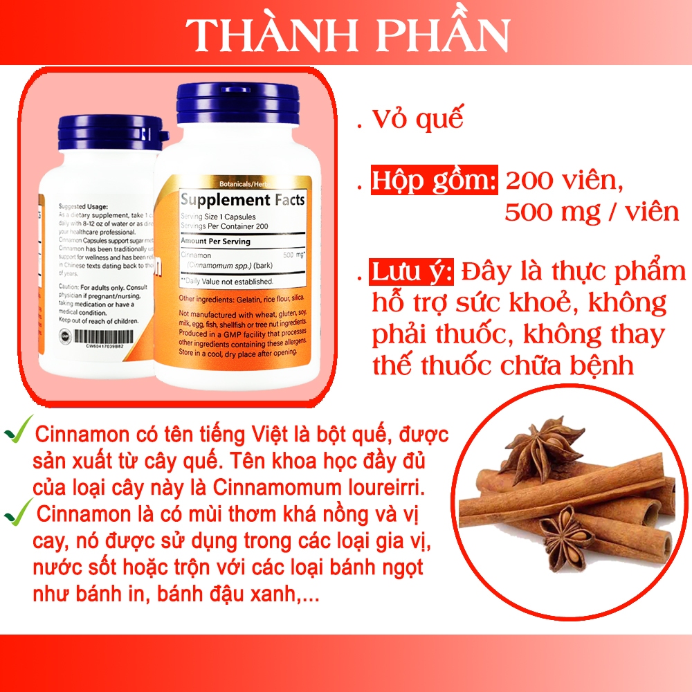 Viên uống Cinnamon chuyển hoá đường ổn định đường huyết 500 mg 200 viên