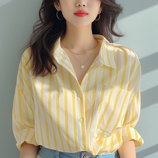 Áo sơ mi nữ công sở Hàn Quốc kẻ vàng chất vải nhuyễn mềm mát phối đồ xinh