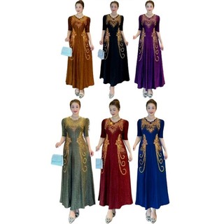 Đầm dạ hội trung niên đi tiệc chất thun nhũ kim sa cổ gợn sóng ép đá phối đá 2 bên sườn size lớn 80kg, Đầm dạ hội cho mẹ