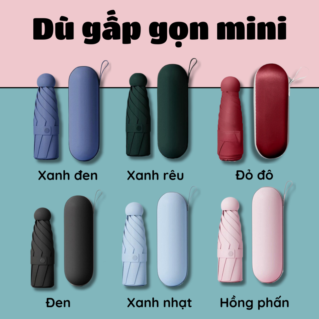 Dù gấp gọn mini, ô mini bỏ túi, dù che nắng mưa chống tia UV SPF50+ cán tròn kèm hộp thời trang