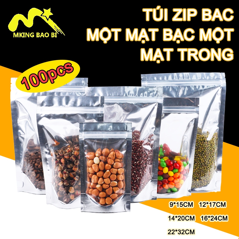  100 Túi zipper 1 mặt bạc 1 mặt trong đáy đứng đựng thực phẩm hàng khô 