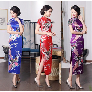 Sườn xám Cách Tân Lụa Dáng Dài in hoạ tiết Công Size từ 47-65kg