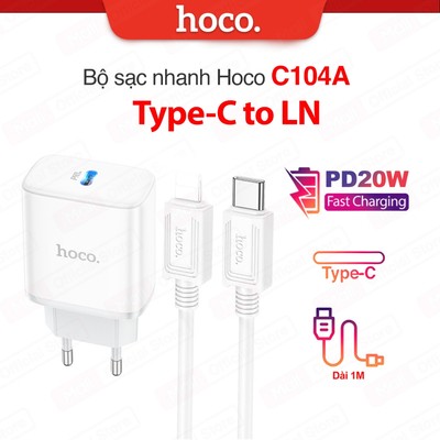 Bộ sạc nhanh Hoco C104A Typec to IP PD20W 3.0A có đèn led chân tròn, dùng cho ip1/12/13/14 dài 1m